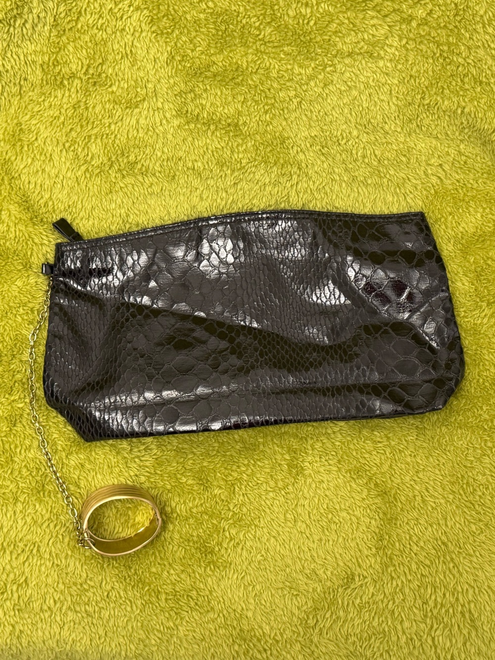 Black Faux Snake Clutch with Gold Wristlet
